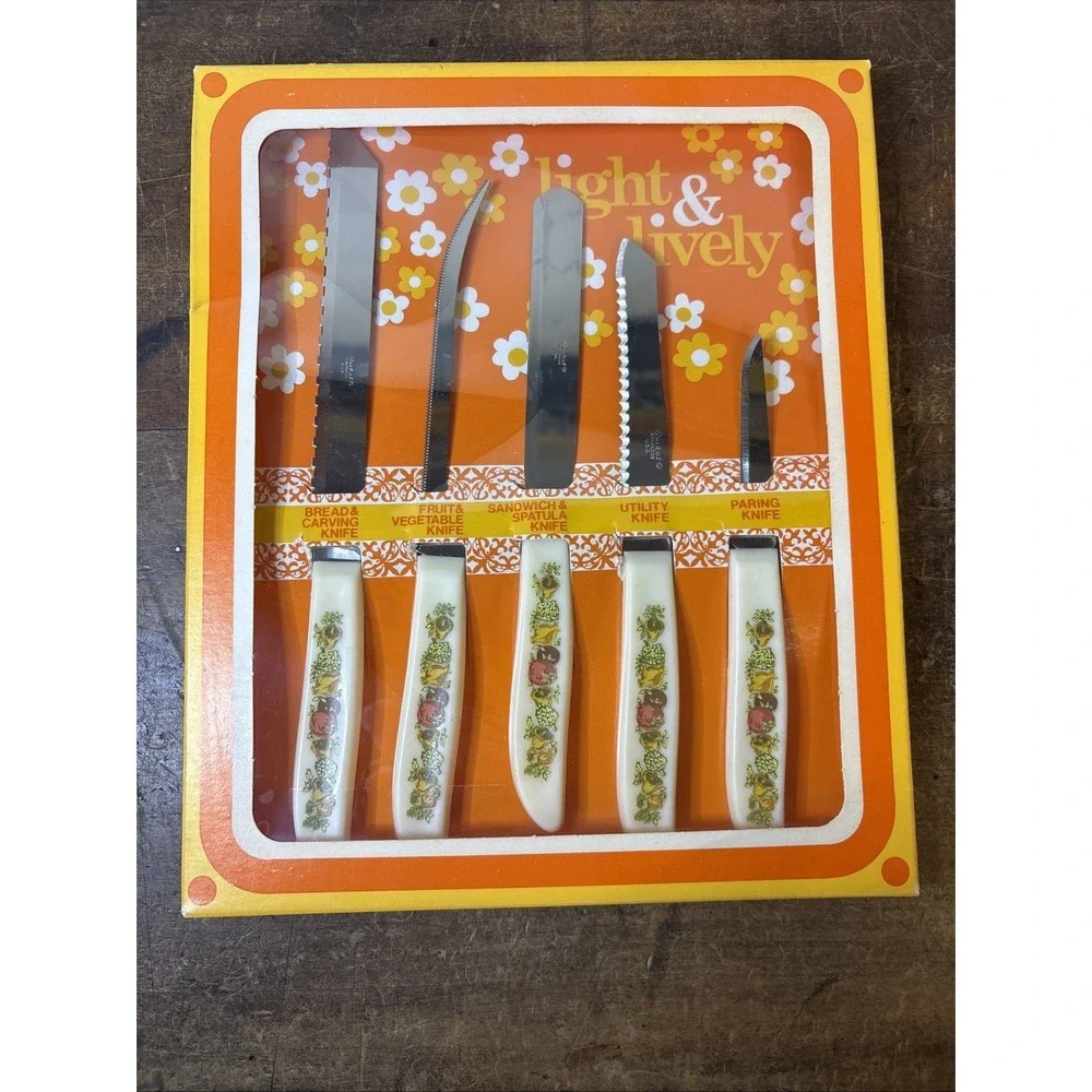 Set 5 Vtg Nos Quikut Mushroom Handle Knives Stainless Steel USA Original Box 70s
